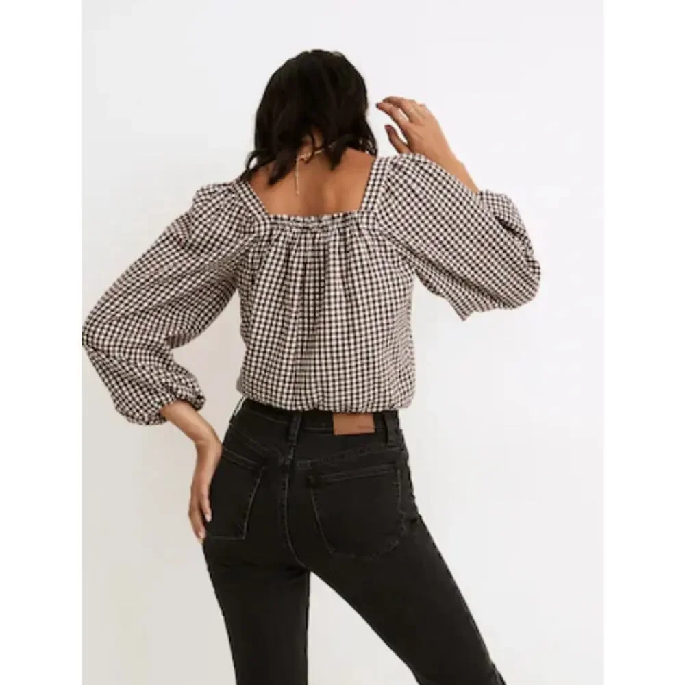 Madewell Puff Sleeve Cropped Flannel Top Chocolate Gingham Plaid M